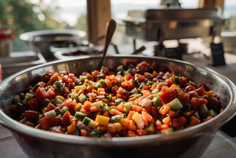 Grosse Schüssel Middle Eastern Salat mit gewürfelten Tomaten, Gurken und Peperoni auf dem Buffet, dahinter Chafing Dishes (Symbolbild)