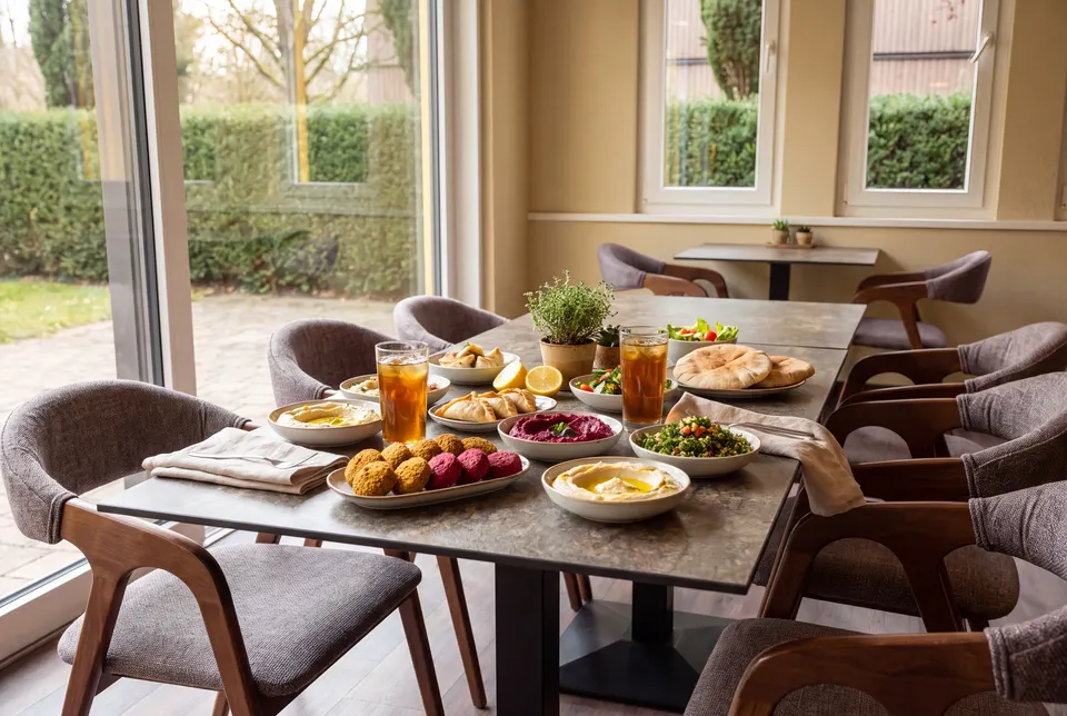 Gedeckter Tisch am Fenster mit Falafel, Randenfalafel, Hummus, Randen-Dip, Teigtaschen, Fladenbrot und Eistee (Symbolbild auf Basis einer Aufnahme des Lokals)
