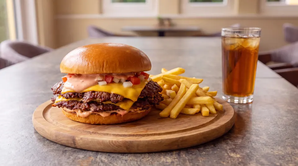 Smashed Burger mit zwei knusprigen Patties, geschmolzenem Cheddar, gewürfelten Tomaten und Zwiebeln und Sauce im Brioche-Bun auf einem runden Holzbrett, daneben Pommes und ein Glas Eistee